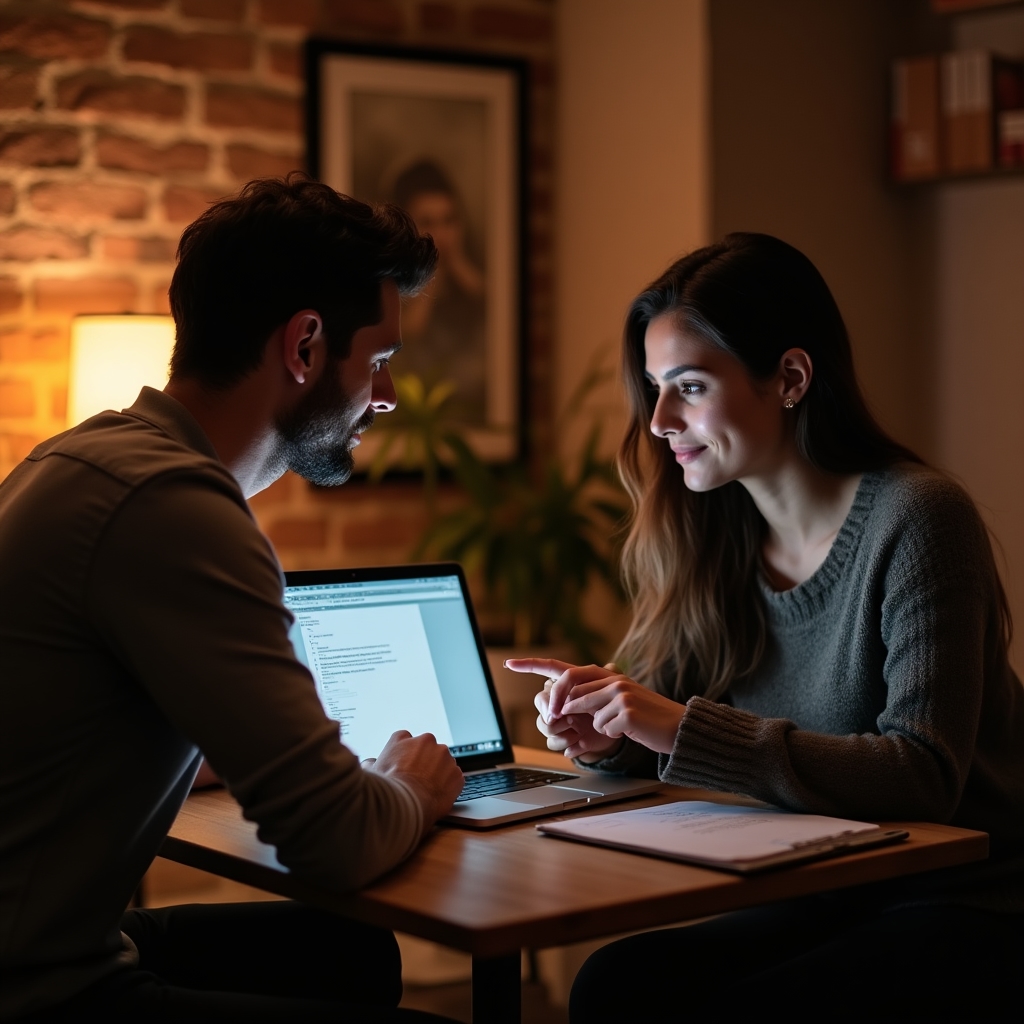 Zwei Personen besprechen einen E-Mail-Entwurf während eines Einzelcoachings am Tisch