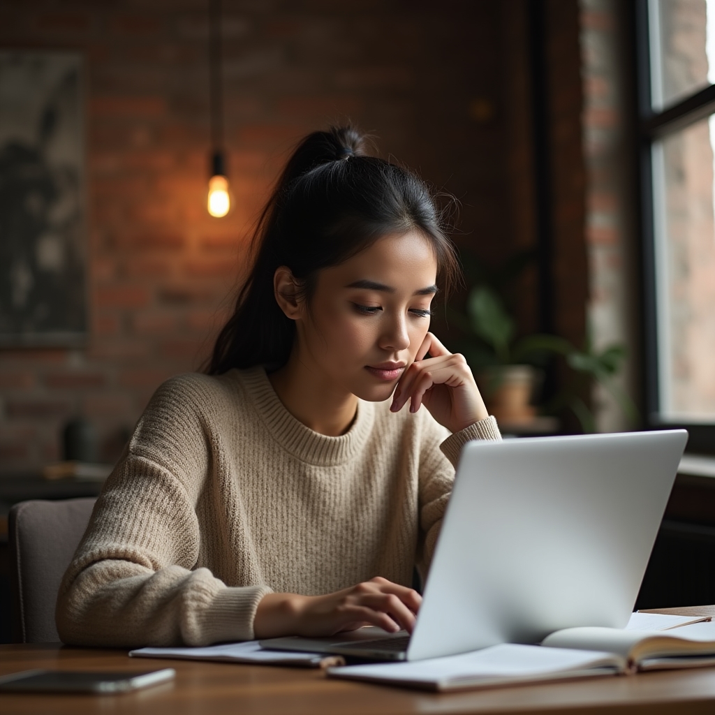 Person schreibt konzentriert eine E-Mail an einem hellen Schreibtisch