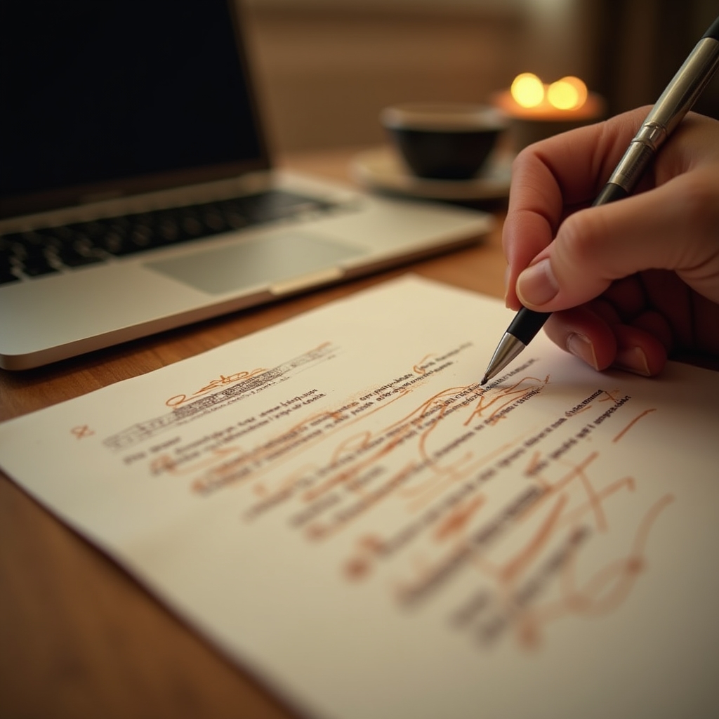 Nahaufnahme von handschriftlichen Korrekturen an einem ausgedruckten E-Mail-Entwurf