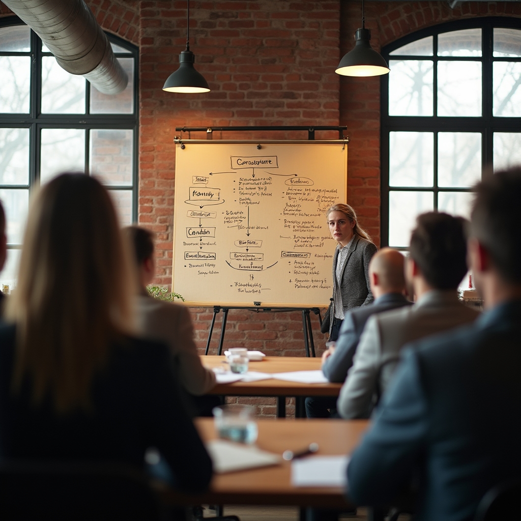 Seminarraum mit Flipchart und handschriftlichen Notizen zu E-Mail-Struktur