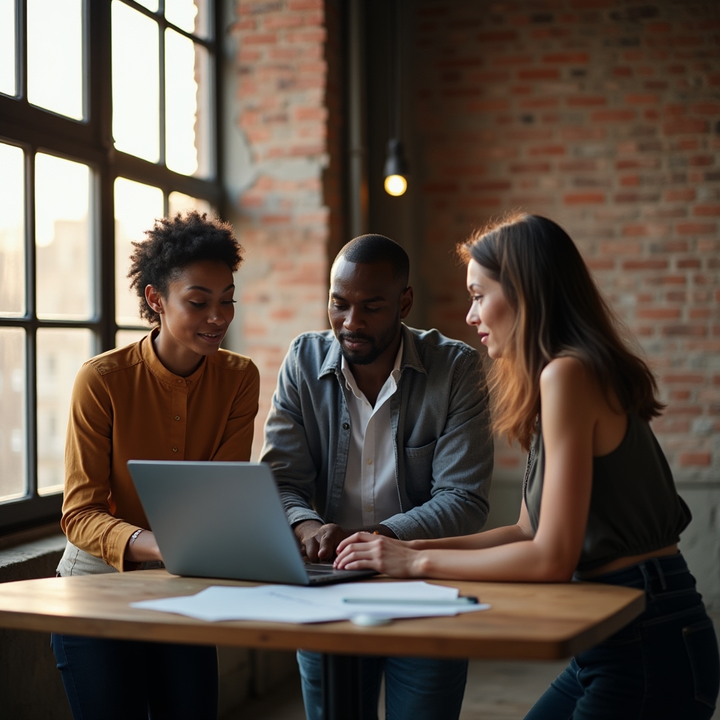 Team bespricht eine E-Mail-Strategie am Tisch vor einem großen Fenster